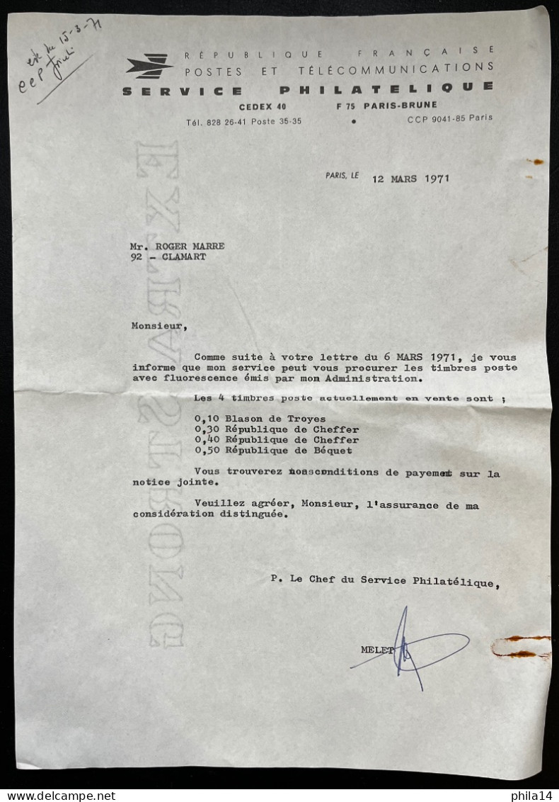 COURRIER DE LA POSTE AU SUJET DE RESERVATION DE TIMBRES AVEC FLUORESCENCE / PARIS 1971 & PTT VENTE PAR CORRESPONDANCE - Druck & Papierwaren