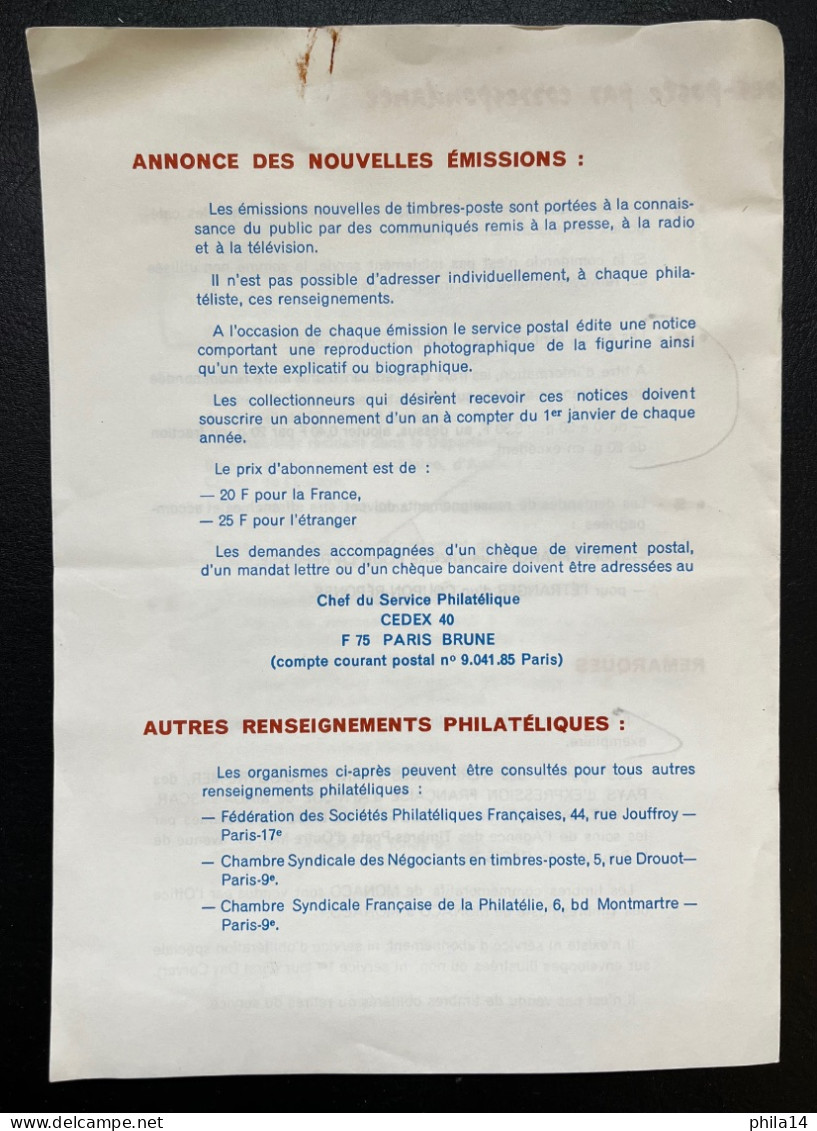 COURRIER DE LA POSTE AU SUJET DE RESERVATION DE TIMBRES AVEC FLUORESCENCE / PARIS 1971 & PTT VENTE PAR CORRESPONDANCE - Printing & Stationeries