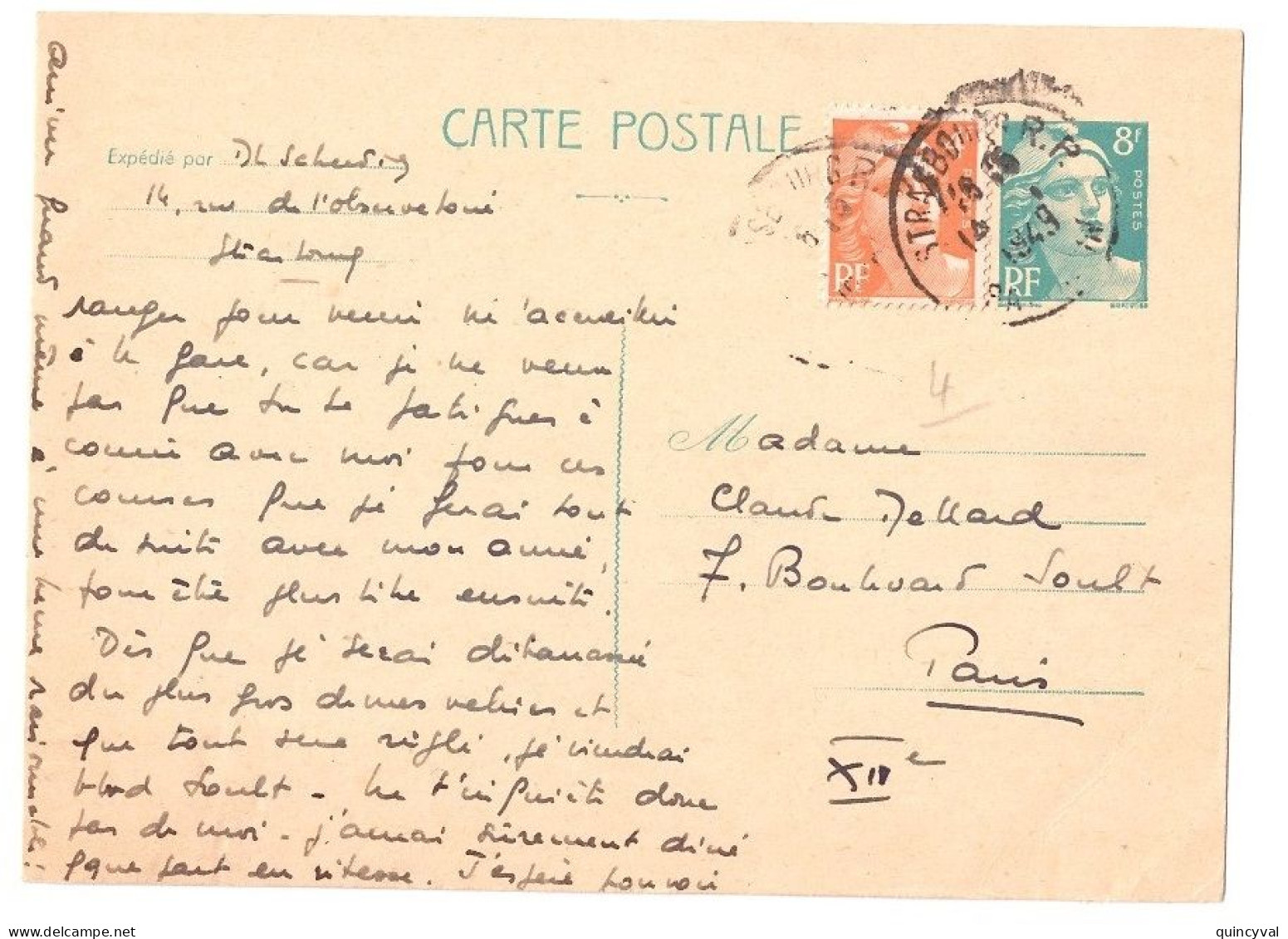 STRASBOURG RP Carte Postale Entier 8F Gandon Turquoise Complément 4 F Ob 14 1 1949 Yv 808 810-CP1 - Standard Postcards & Stamped On Demand (before 1995)