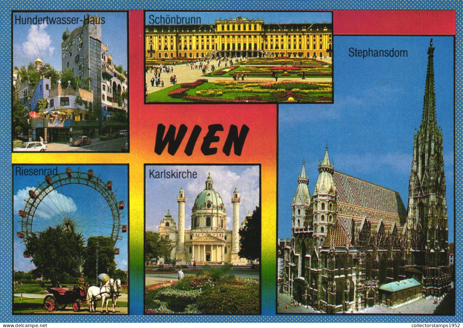 VIENNA, MULTIPLE VIEWS, ARCHITECTURE, GIANT WHEEL, PARK, PALACE, CHURCH, CARS, CARRIAGE, HORSES, AUSTRIA, POSTCARD - Vienna Center