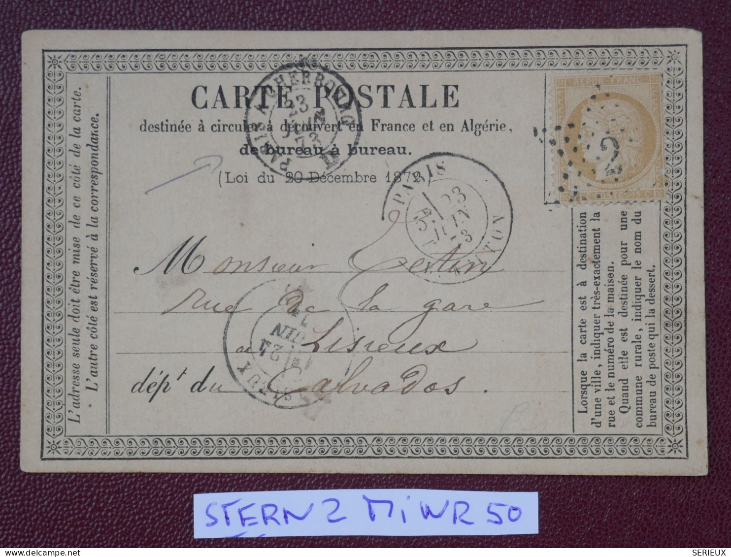 FRANCE  CARTE 1873 ETOILE DE PARIS N° 2 A LISIEUX   + 15C  + AFF. INTERESSANT+DP7 - 1849-1876: Classic Period