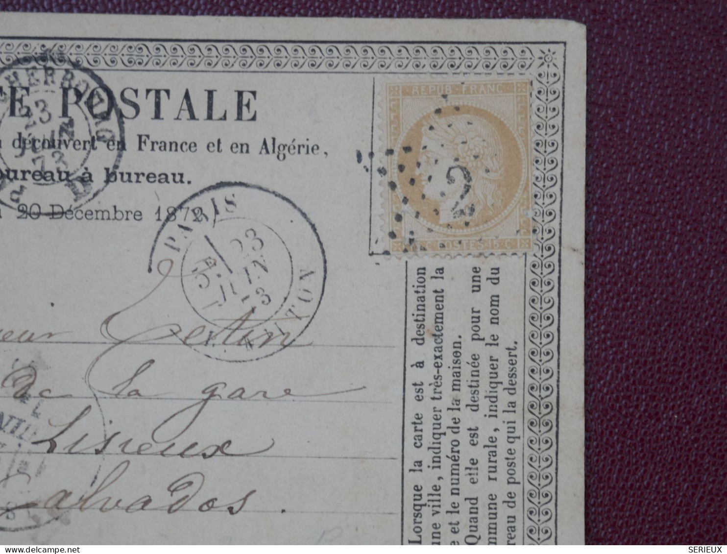 FRANCE  CARTE 1873 ETOILE DE PARIS N° 2 A LISIEUX   + 15C  + AFF. INTERESSANT+DP7 - 1849-1876: Classic Period