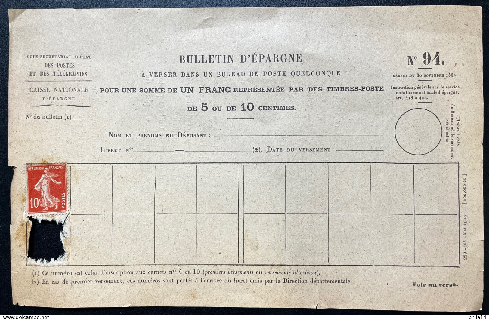 1X 10c SEMEUSE NEUF SUR BULLETIN D'EPARGNE POSTES ET TELEGRAPHES N°94 - Documents Of Postal Services