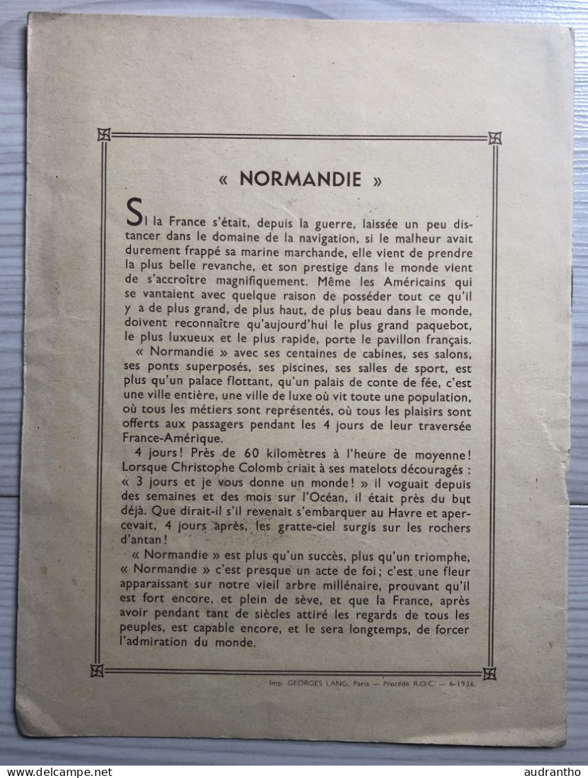Ancienne Couverture De Cahier D'écolier (1936) - Paquebot NORMANDIE - éditeur Georges Lang Paris - Other & Unclassified
