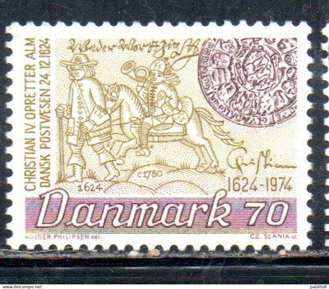 DANEMARK DANMARK DENMARK DANIMARCA 1974 DANISH PO POSTAL OFFICE MAILMAN POSTILION 70o MNH - Nuovi
