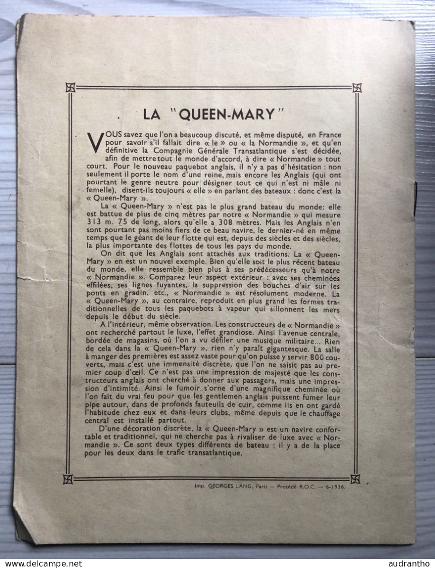 Ancienne Couverture De Cahier D'écolier (1936) - Paquebot QUEEN MARY - éditeur Georges Lang Paris - Sonstige & Ohne Zuordnung