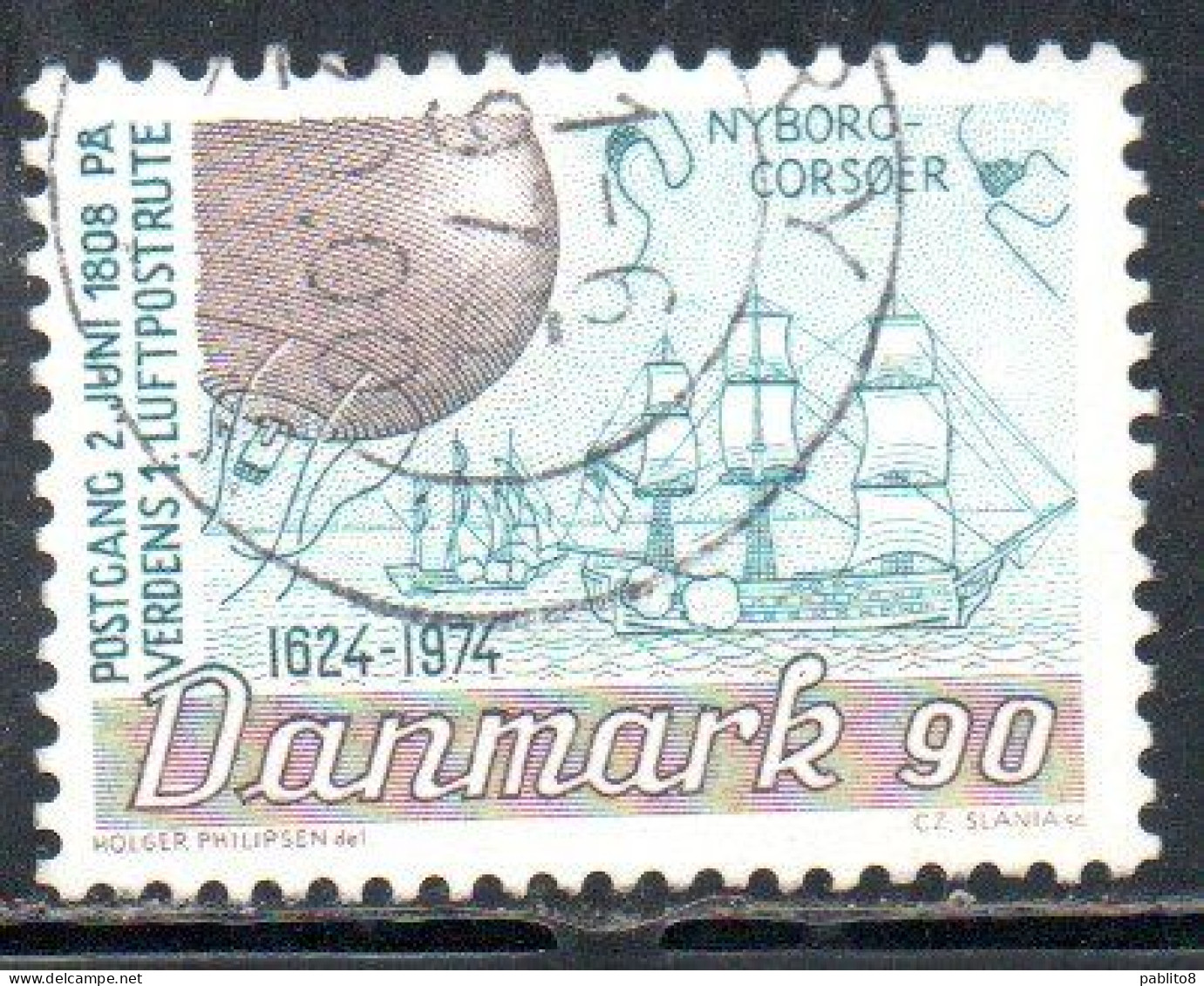 DANEMARK DANMARK DENMARK DANIMARCA 1974 DANISH PO POSTAL OFFICEBALLON AND SAILINF SHIPS 90o USED USATO OBLITERE' - Used Stamps