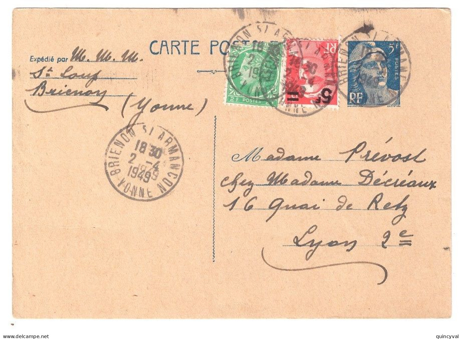 BRIENON SUR ARMANCON Yonne Carte Postale Entier 5F Gandon Complément Mazelin Yv 680 827 719B-CP1 Ob 2 4 1949 - Standard Postcards & Stamped On Demand (before 1995)