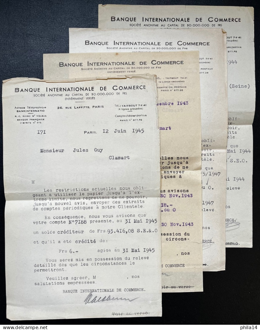 LOT DE 4 RELEVES DE COMPTE DE LA BANQUE INTERNATIONALE DU COMMERCE / PARIS POUR CLAMART / 1943 A 1947 - Bank & Insurance