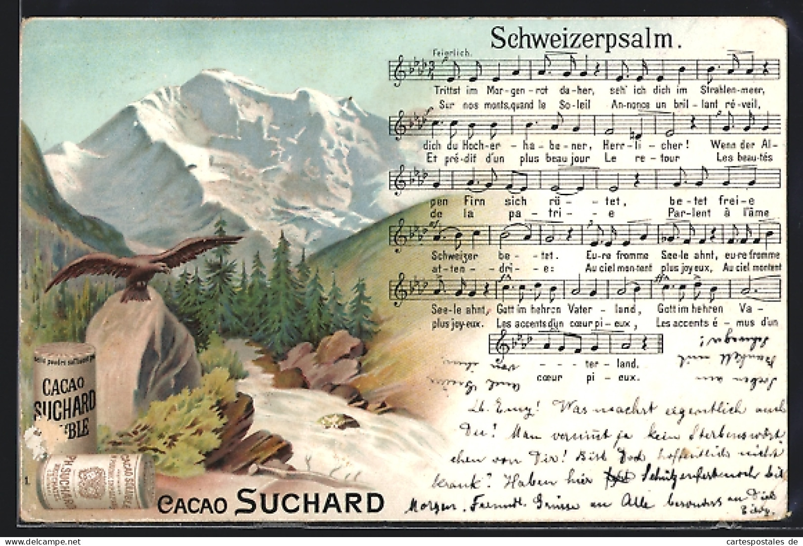 AK Kakao Suchard, Lied Schweizerpsalm, Gebirgslandschaft, Adler  - Landbouw