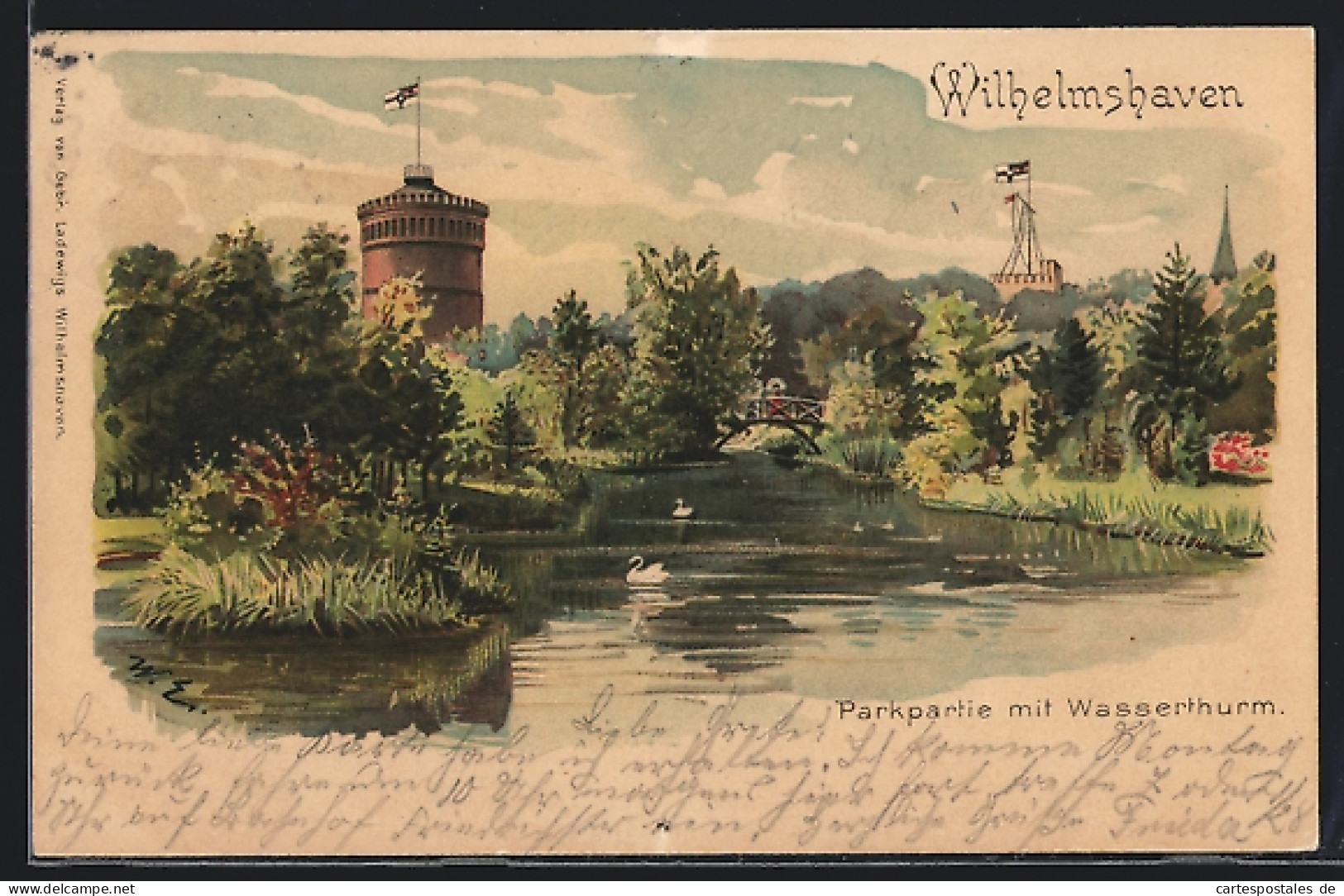 Lithographie Wilhelmshaven, Parkpartie Mit Wasserturm  - Wilhelmshaven