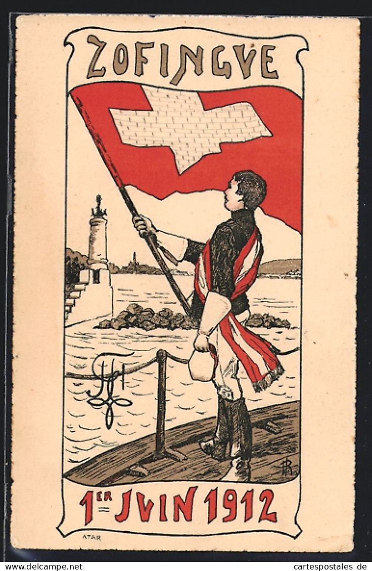 Künstler-AK Geneve, Zofingue 1912, Student Mit Fahne Am Fluss  - Other & Unclassified
