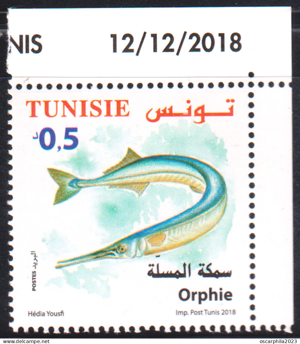 2018-Tunisie- Faune  Terrestre Et Maritime De La Tunisie ---  Orphie -- 1V Coin Daté  -MNH***** - Fishes