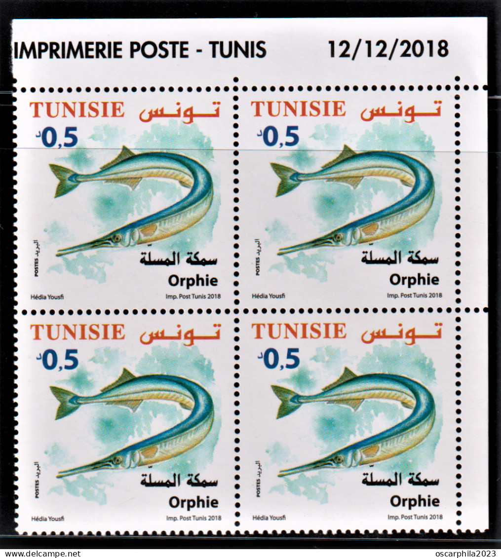 2018-Tunisie- Faune  Terrestre Et Maritime De La Tunisie ---  Orphie -- Bloc De 4V Coin Daté  -MNH***** - Fishes