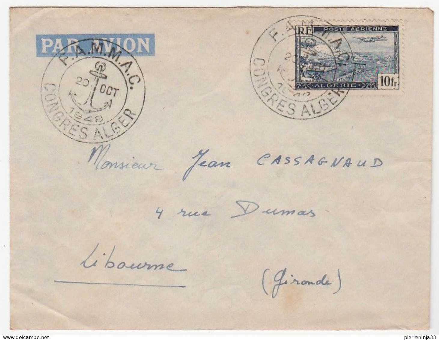 Lettre Avec Cachet Illustré De La Marine  "FAMMAC/ Congrès Alger, 1948" - Covers & Documents