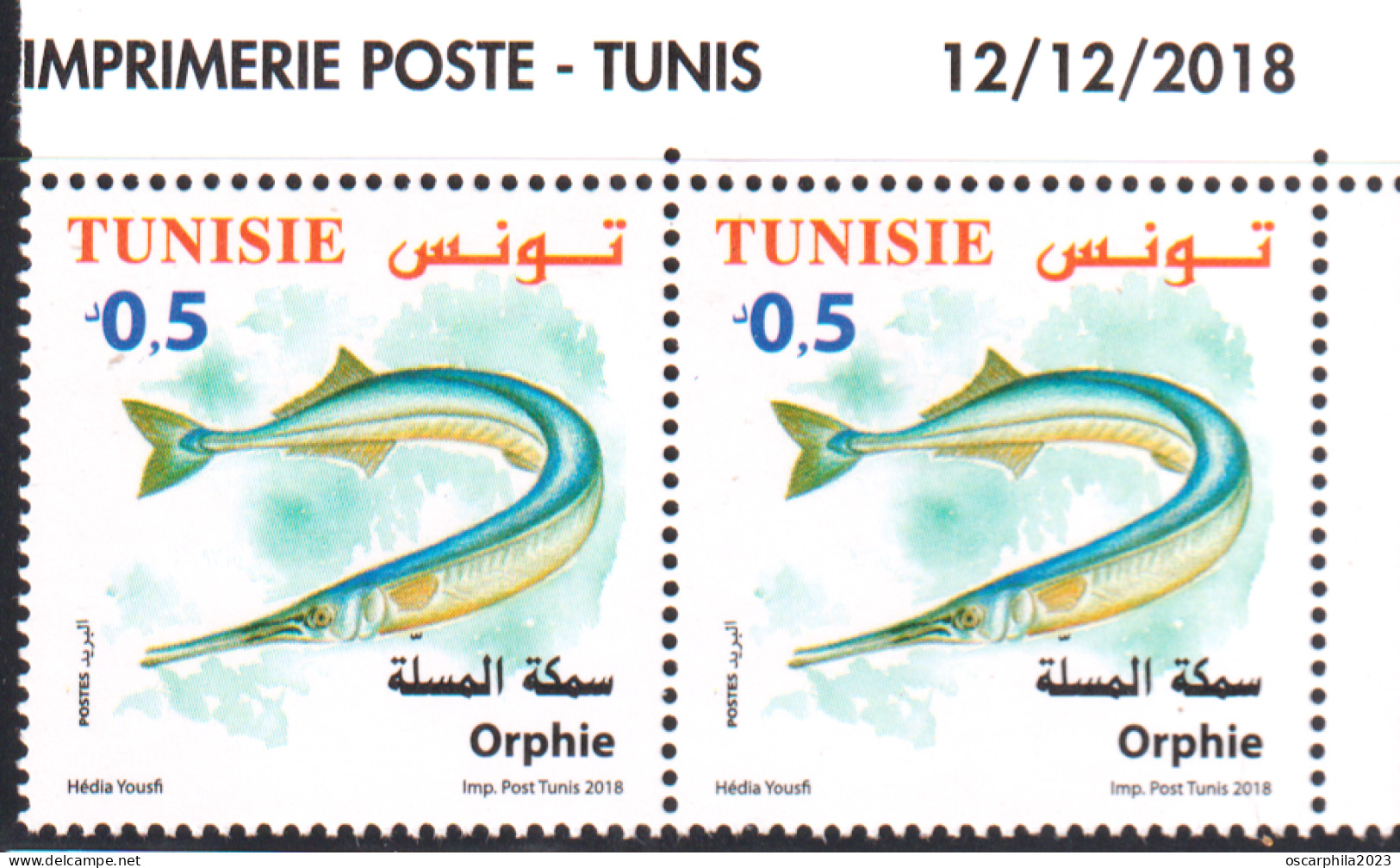 2018-Tunisie- Faune  Terrestre Et Maritime De La Tunisie ---  Orphie -- En Paire 2V Coin Daté  -MNH***** - Poissons