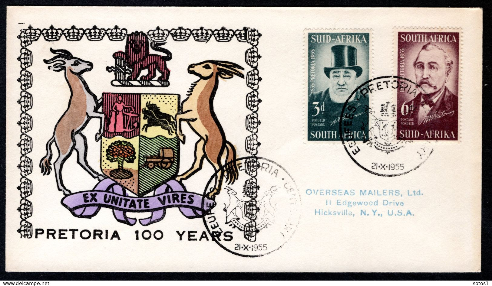 SOUTH AFRICA Yt. 215/216 FDC 100 YEARS PRETORIA 1955 - FDC