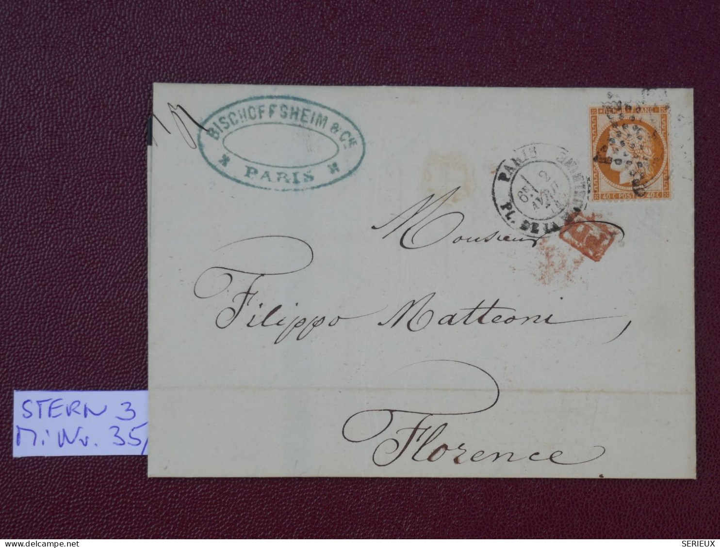 FRANCE LETTRE RR  1874 ETOILE DE PARIS N° 1  A FIRENZE  ITALIA   + CERES 40C  + AFF. INTERESSANT+DP7 - 1849-1876: Klassik