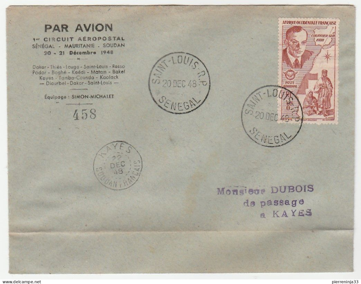 Lettre Avec Cachet Saint Louis Sénégal/ 1er Circuit Aéropostal Sénégal-Mauritanie-Soudan, 1948 - Lettres & Documents