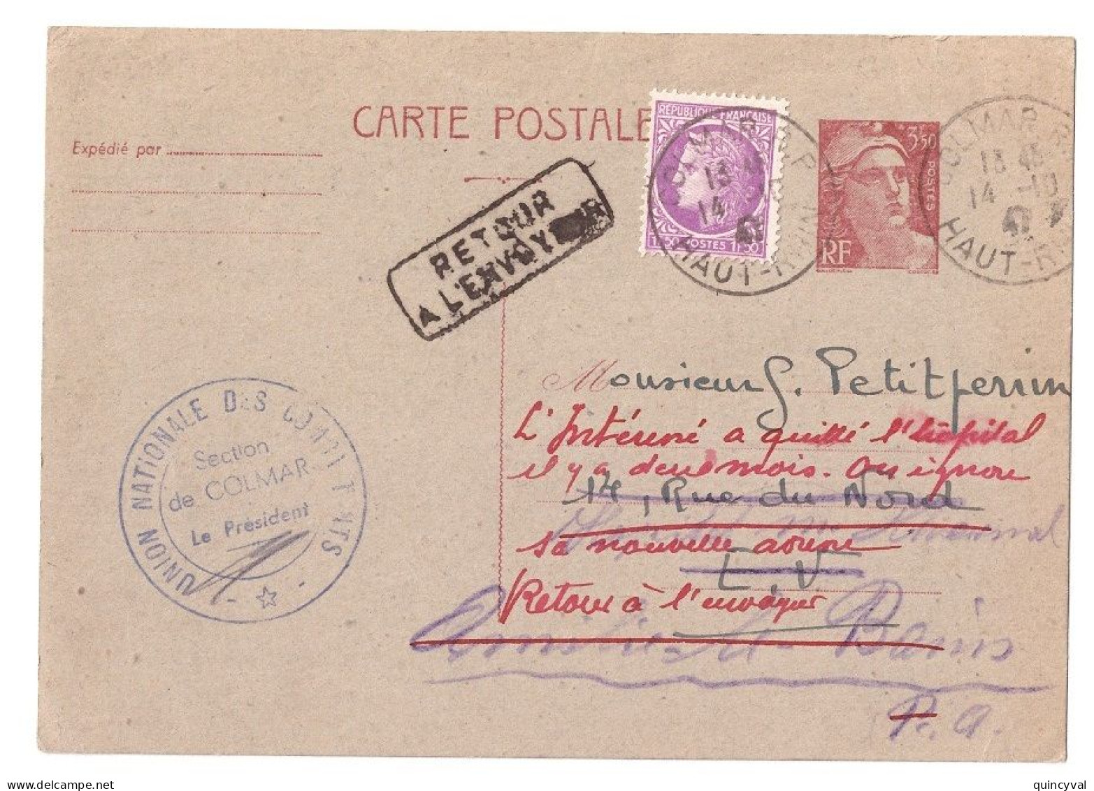 COLMAR RP Haut Rhin Carte Postale Entier 3,50 F Gandon Compl 1,50F Mazelin Retour Envoyeur Ob 14 10 1947 Yv 716B-CP2 - Standard Postcards & Stamped On Demand (before 1995)