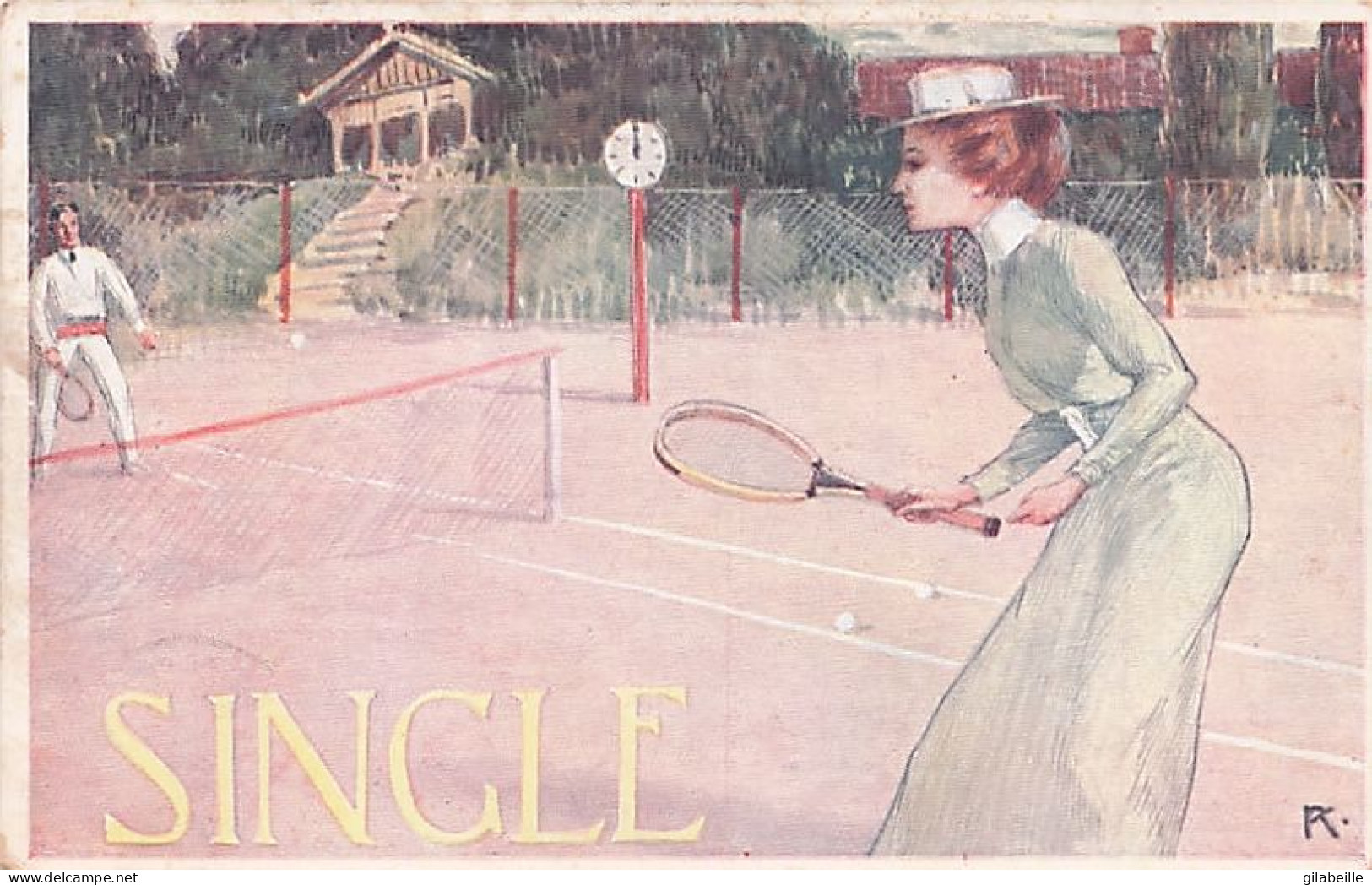 Sports - TENNIS - "SINGLE E " - Illustrateur : Signé K. - 1908 - Tennis