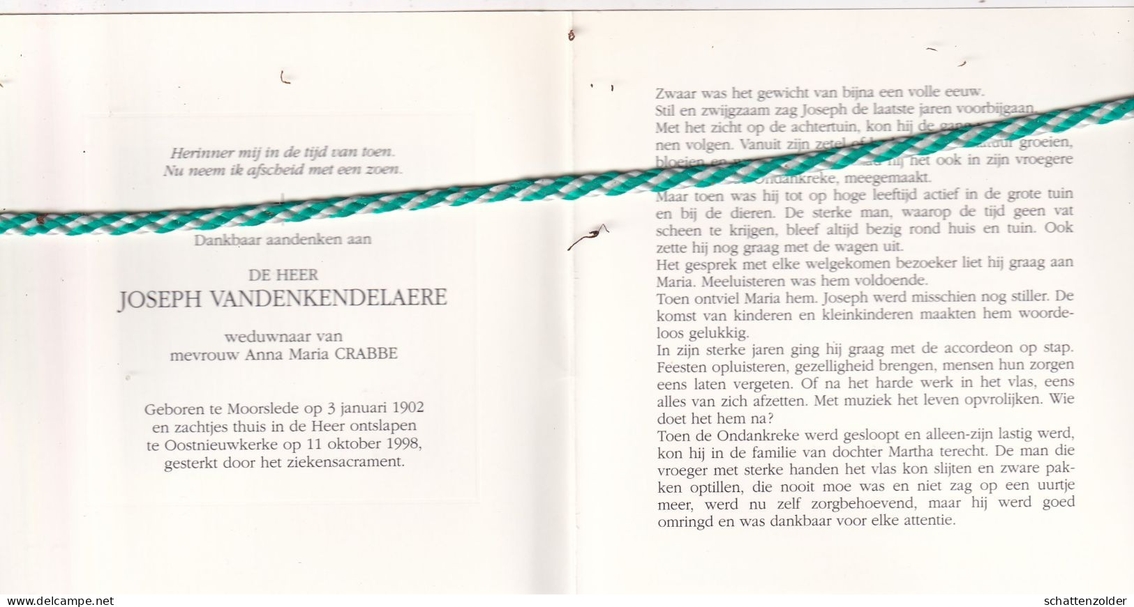 Joseph Vandenkendelaere-Crabbe, Moorslede 1902, Oostnieuwkerke 1998. Foto - Obituary Notices