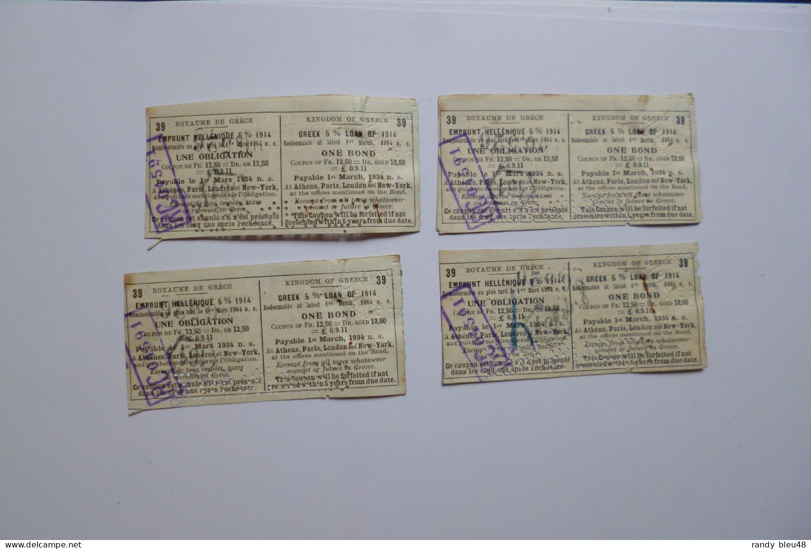 4 Coupons EMPRUNT HELLENIQUE 5% - 1914  -  Royaume De GRECE  - - Autres & Non Classés