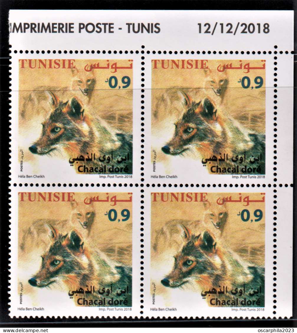 2018-Tunisie- Faune  Terrestre Et Maritime De La Tunisie ---  Chacal Doré --  Bloc De 4V  Coin Daté -MNH***** - Tunisia
