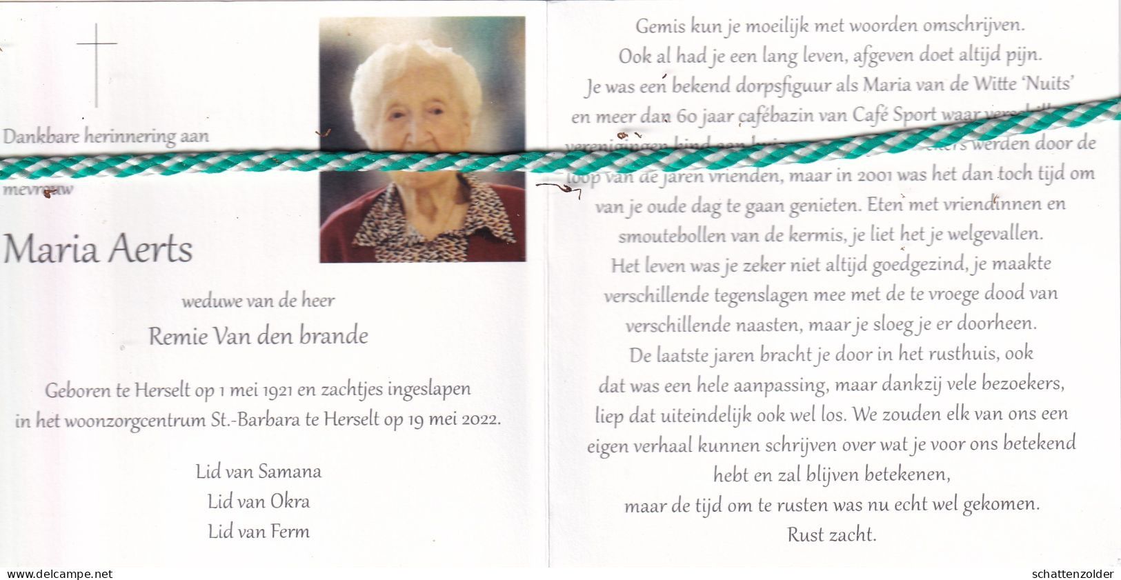 Maria Aerts-Van Den Brande, Herselt 1921, 2022. Honderdjarige. Foto - Obituary Notices