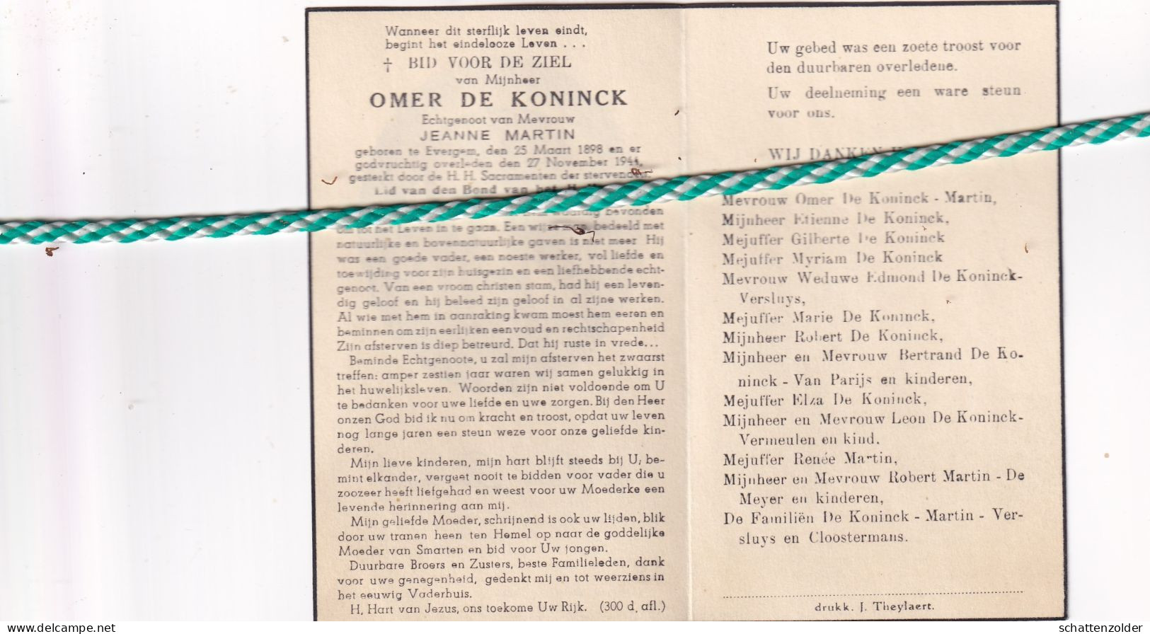 Omer De Koninck-Martin, Evergem 1898, 1944 - Obituary Notices