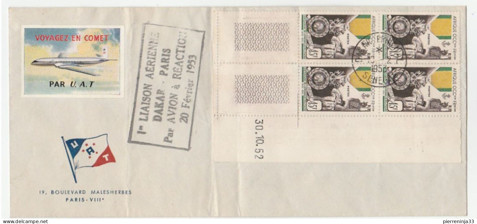 Lettre Avec Cachet 1ère Liaison Aérienne Et Coin Daté "Médaille Militaire AOF" + Vignette Aviation, 1953 - Covers & Documents