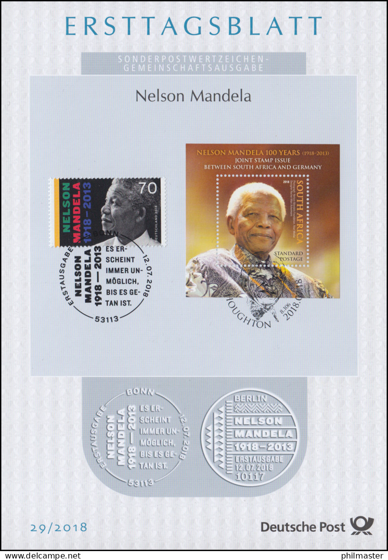 ETB 29/2018 Nelson Mandela, Freiheitskämpfer, Joint Issue Südafrika - 2011-…