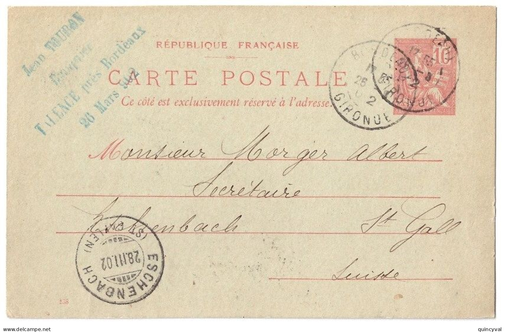 BORDEAUX Gironde Carte Postale Entier 10c Mouchon Yv 112-CP1 Mill 138 Ob 25 3 1902 Dest Eschenbach SUISSE - Cartes Postales Types Et TSC (avant 1995)