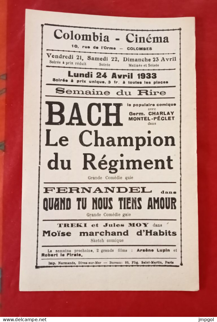 Affichette Programme Colombia Cinéma Colombes Av. 1933 Comique Bach Le Champion Du Régiment Fernandel - Programs