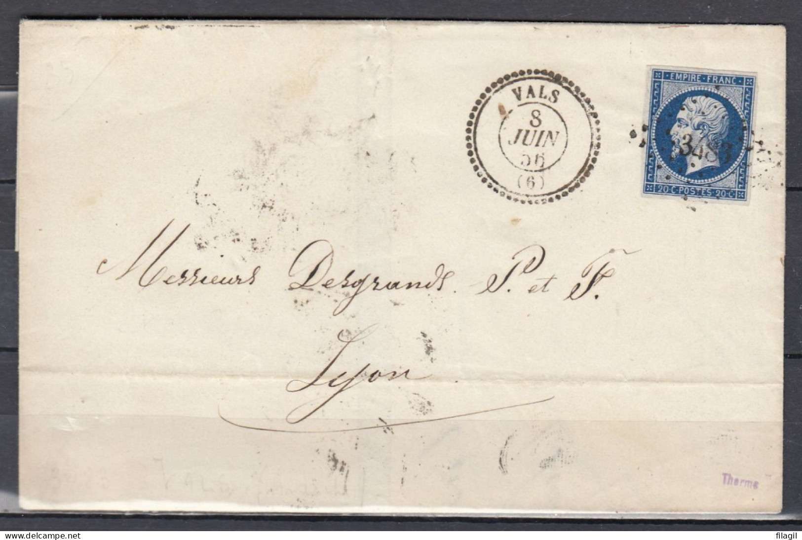 Nr 14a Op Brief Van Vals Naar Lyon Met Punstempel 3483 - 1853-1860 Napoléon III