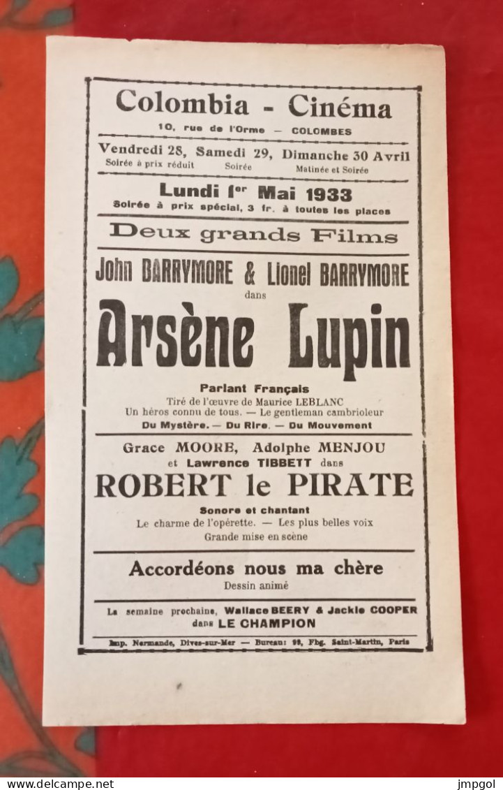 Affichette Programme Colombia Cinéma Colombes Mai 1933 Arsène Lupin John Et Lionel Barrymore Grace Moore Adolphe Menjou - Programmes