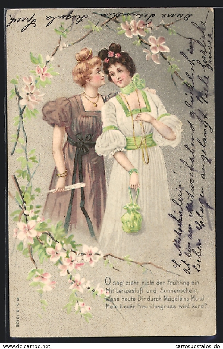 AK Zwei Junge Damen In Grünen Kleidern Unter Einem Blütenzweig  - Mode