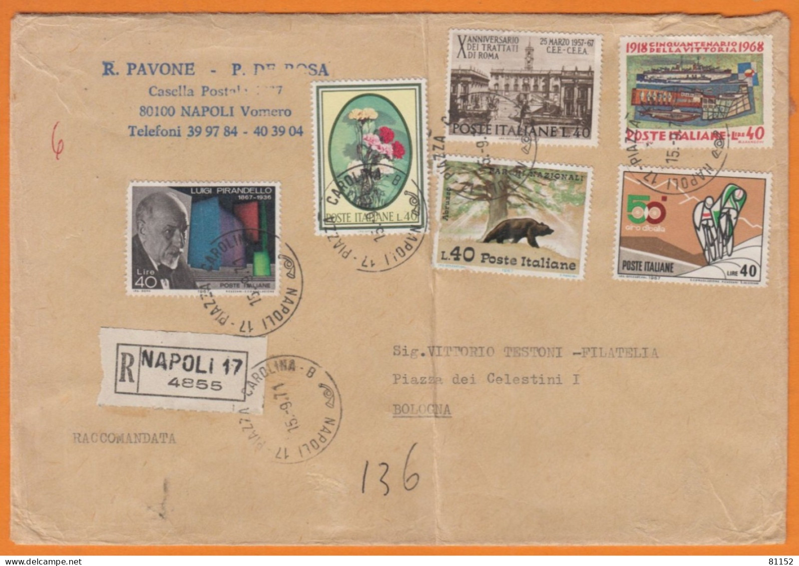 ITALIE   Lettre Recommandée De NAPOLI  1971  Avec Composition  De 6 Timbres Pour BOLOGNA - 1971-80: Marcophilia