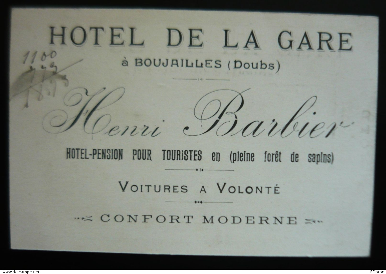 HOTEL DE LA GARE  Boujailles ( 25 ) Henri BARBIER - Petite Carte & Facturette Au Dos 12 X 8 Cm - Autres & Non Classés