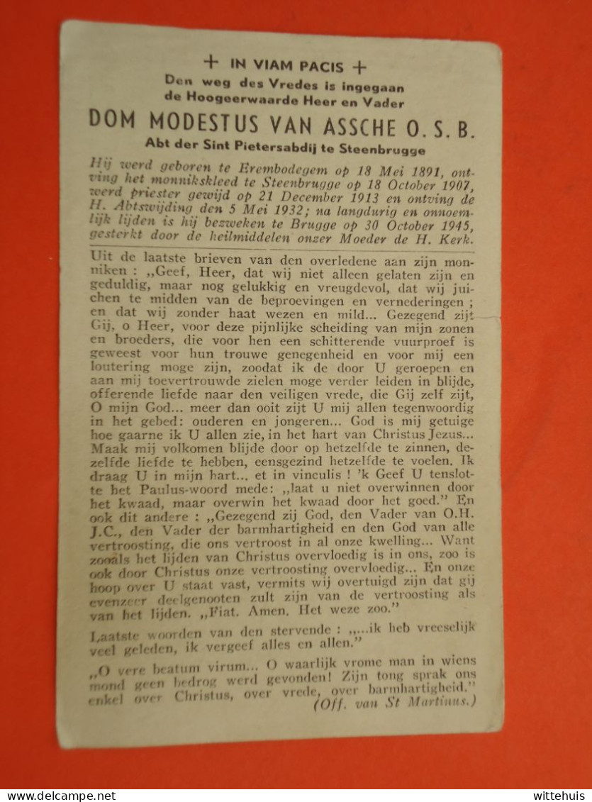 Priester - Pastoor Dom Modestus Van Assche O.S.B. Geboren Te Erembodegem 1891  Overleden Te Brugge  1945   (2scans) - Religion & Esotérisme