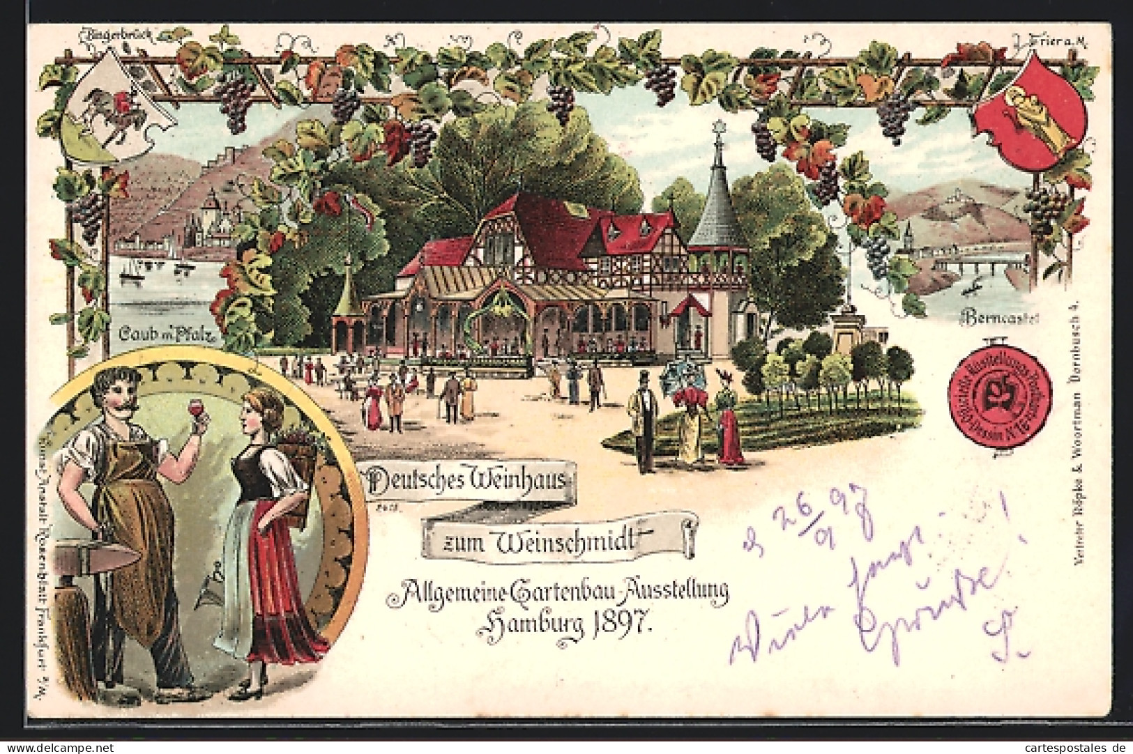 Lithographie Hamburg, Allgemeine-Gartenbau-Ausstellung 1897, Deutsches Weinhaus Zum Weinschmidt  - Exhibitions