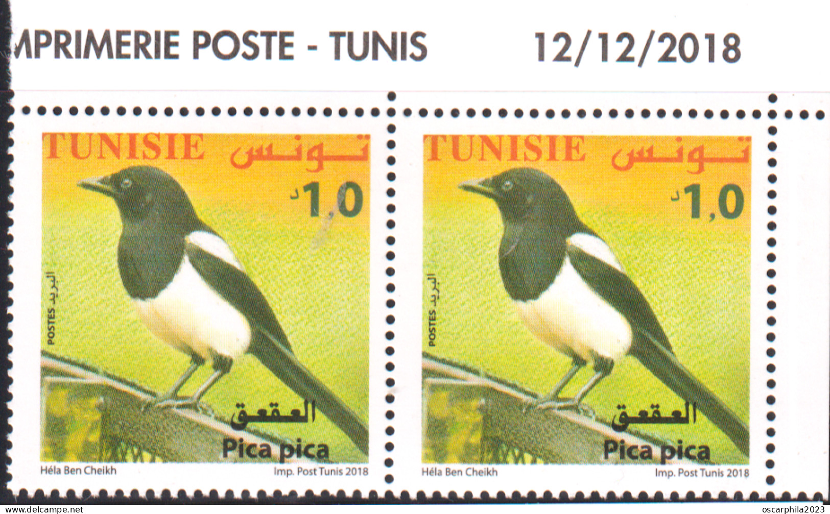2018-Tunisie- Faune  Terrestre Et Maritime De La Tunisie ---  Pica Pica -- En Paire 2V  Coin Daté -MNH***** - Tunisie (1956-...)