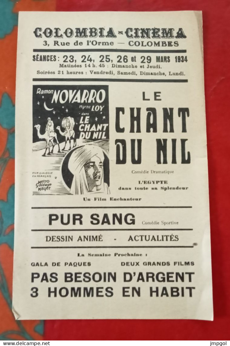 Affichette Programme Colombia Cinéma Colombes Mars 1934 Le Chant Du Nil Ramon Novarro Mirna Loy - Programmes