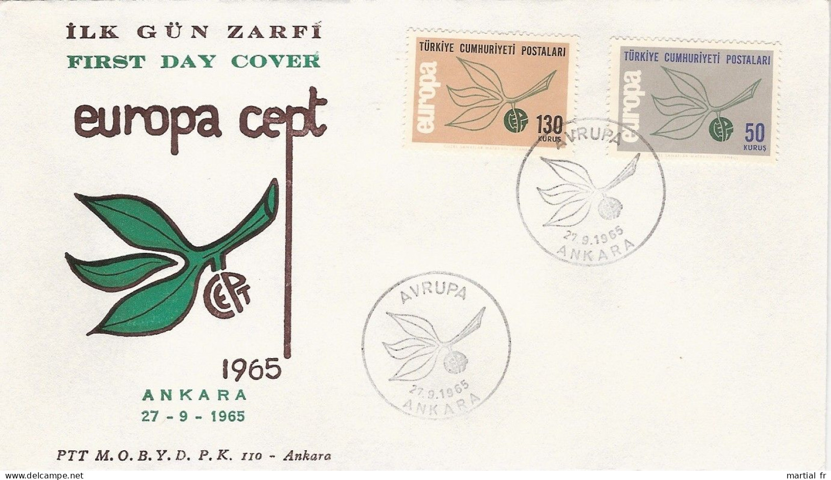 TURQUIE TYRKEY TURKIYE ANKARA ILK GUN ZARFI EUROPA CEPT 1965 FDC ERSTTAG 1 ER JOUR AVRUPA - 1965