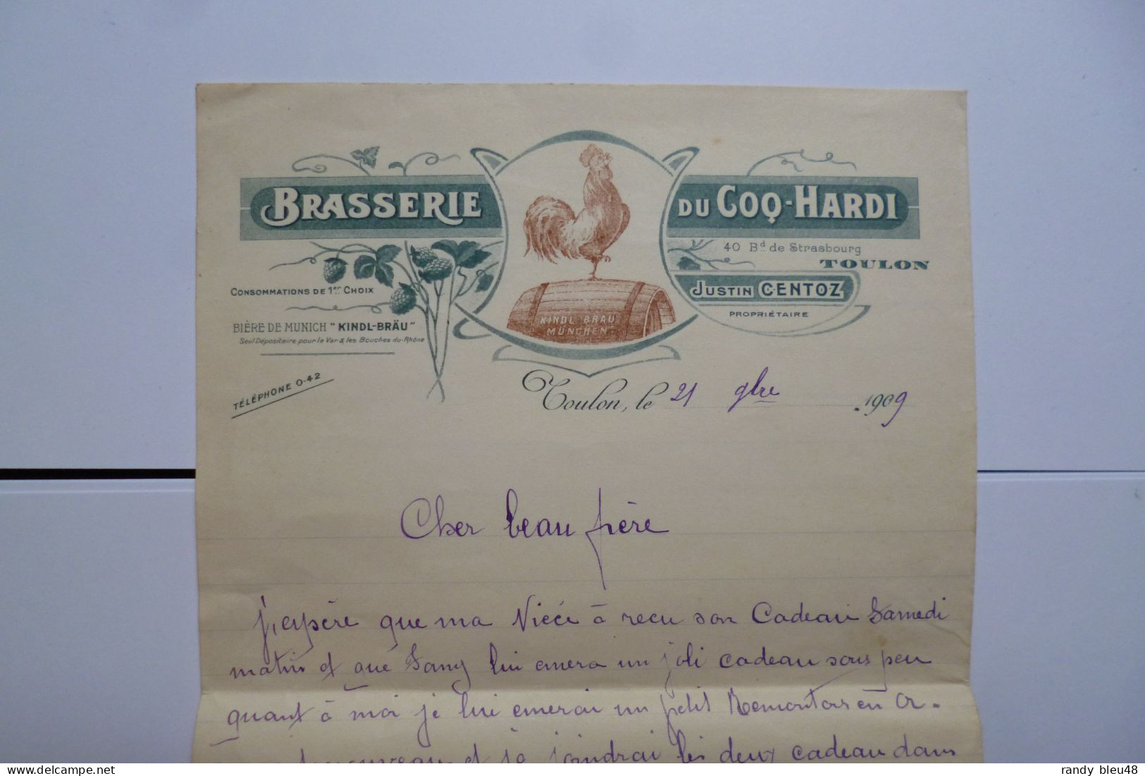 Lettre Brasserie COQ HARDI - Toulon Vers COUIZA  ( Aude )   - 1909 - Avec Enveloppe -  DUJARDIN BEAUMETZ - Levensmiddelen