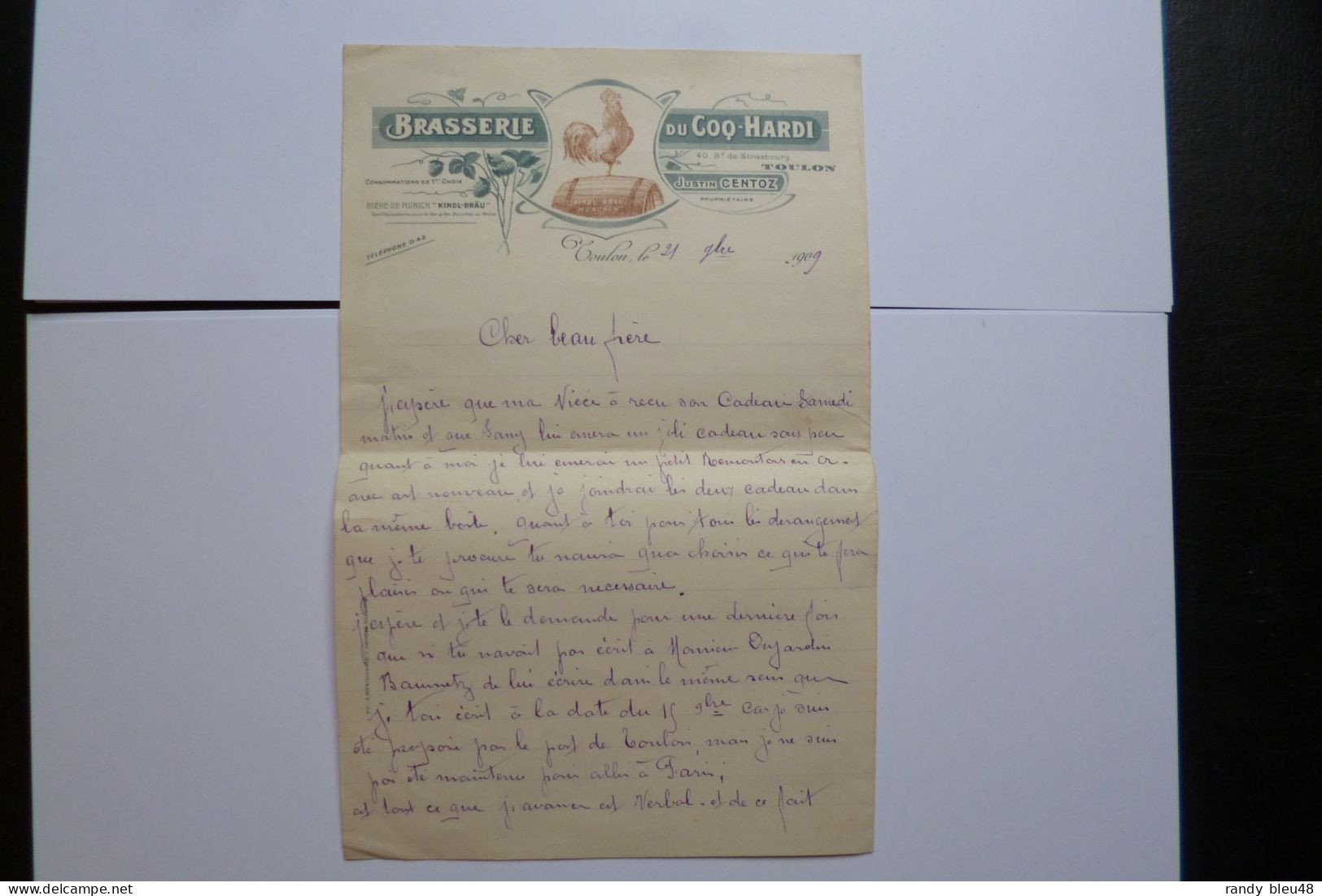 Lettre Brasserie COQ HARDI - Toulon Vers COUIZA  ( Aude )   - 1909 - Avec Enveloppe -  DUJARDIN BEAUMETZ - Lebensmittel