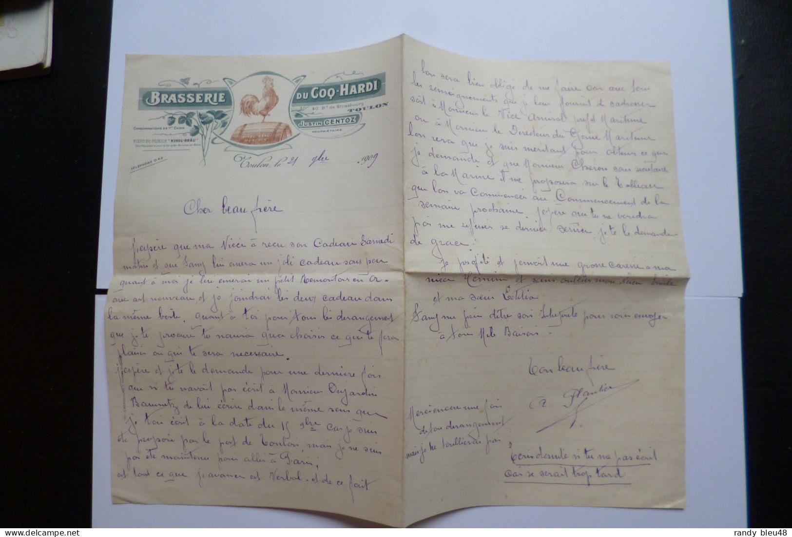 Lettre Brasserie COQ HARDI - Toulon Vers COUIZA  ( Aude )   - 1909 - Avec Enveloppe -  DUJARDIN BEAUMETZ - Alimentaire