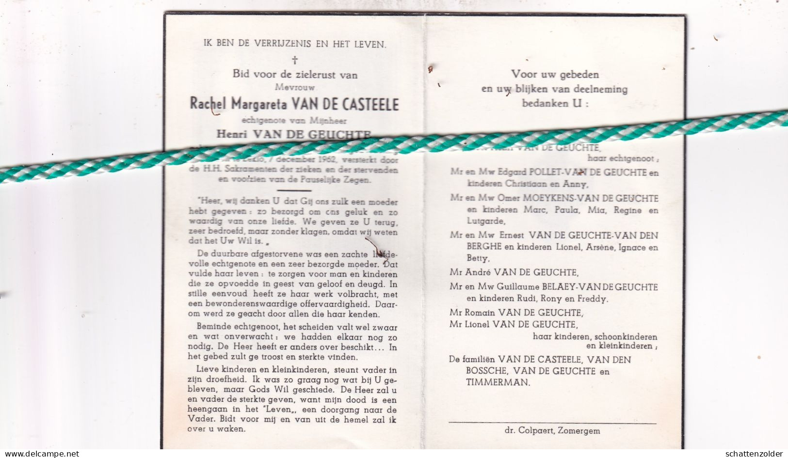 Rachel Margareta Van De Casteele-Van De Geuchte, Adegem 1903, Eeklo 1962 - Obituary Notices