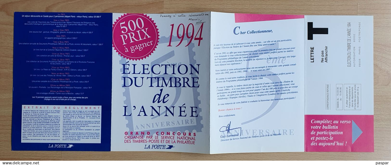 France - Grand Concours Organisé Par La Poste - Élection Du Timbre De L'année 1994 - Avec Réponse T - Documents De La Poste