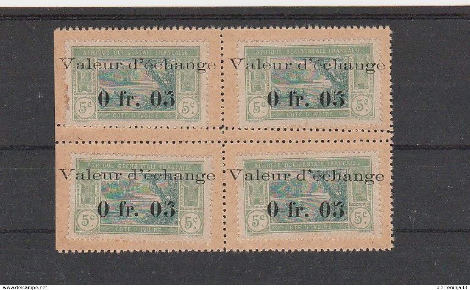 Rare Bloc De 4 Timbres-Monnaie Précurseurs /Côte D'Ivoire N°44 Surchargés "Valeur D'Echange..." + Variété De Dentelure - Ungebraucht